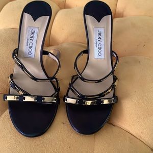 Jimmy Choo low heeled black & gold sandals. Size 7.5